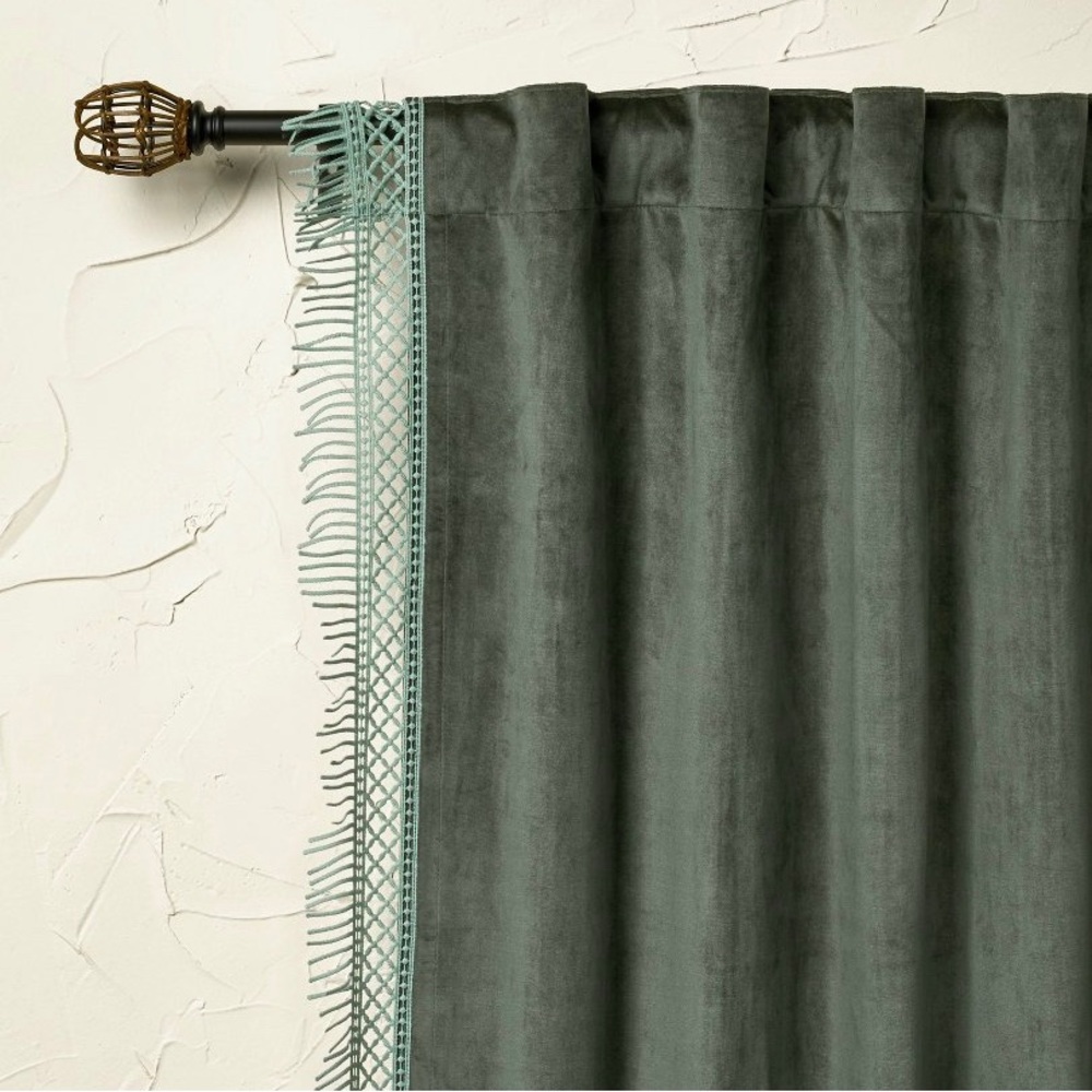 NWOT two panels of green velvet Opalhosue curtains 54” by 84”